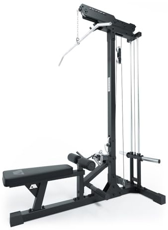ATLETICA Latzug mit Ruder-Station, Plate-Loaded, Studioqualität | Führungsstäbe aus Vollstahl, Hartchrom-Griffe inklusive, 224cm Höhe