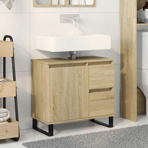 IBUQDDV Mobiletto Bagno con Anta e Cassetti in Legno Rovere Sonoma, Mobile da Toilette con Ampio Scomparto, Design Industriale con Piedini Ferro, Resistente all'Umidità, 65x33x60 cm