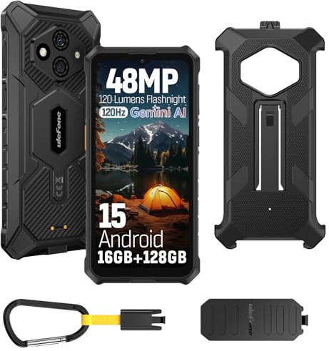Ulefone RugKing 3 Pro Cellulare Android 15, 5700mAh AI Rugged Smartphone 16GB+128GB/SD-2TB, Octa-Core 48MP+8MP Telefono Impermeabile 6.56 120Hz, 120LM Super Torcia/3-Slots/IP68/IP69K/OTG/NFC/GPS Nero