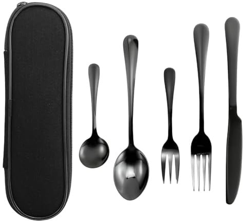 Juego de cubiertos negros para 1 persona, cubiertos de acero inoxidable, 5 piezas, cuchillo de camping al aire libre, tenedor, cuchara con bolsa, juego de cubertería de viaje de acero inoxidable