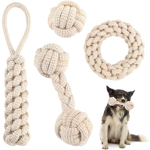 XRVRILE Giocattolo per cani con corda con nodo, set di 4 giocattoli per cani in 100% canapa naturale, giocattolo per cani