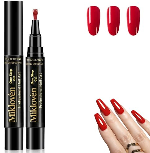 3-in-1 Gel Nail Polish Pen for Professional Art Design with Fine Tip - Vibrant Red UV/Builder Gel Polish for French Tips, Full Colour, Everyday Wear and Long Lasting Glossy Shine