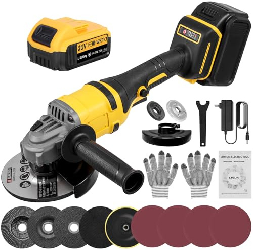 Teodute 1500W Smerigliatrice Angolare, 21V Utensile Elettrico a Batteria, Smerigliatrice per Taglio Lucidatura e Levigatura Impugnatura Corta (con 1 x 5.0Ah Batterie)