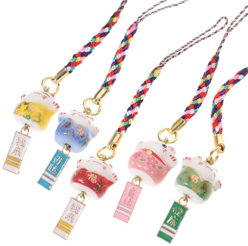 TOGEVAL Lot de 5 Pendentifs Décoratifs en Céramique Chat Chance, Ornement Suspendu Coloré, Porte-clés Chat Adorable, Breloques pour Téléphone Portable, Accessoire Feng Couleur Aléatoire