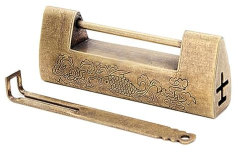 Vorhängeschloss aus antikem Messing, chinesisches Vintage-Design mit symbolischen Gravuren für Schmuckschatullen und Mini-Schränke, 7,5 cm Schloss mit Schlüssel im Lieferumfang enthalten