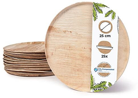 BIOZOYG 25x assiettes à pizza en feuille de palmier Ø 25 cm rondes - planche à pizza jetable avec bord, assiette compostable - vaisselle durable