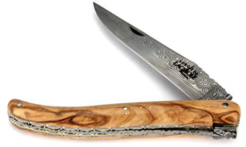 Forge De Laguiole Collection Taschenmesser - 12 cm - Griff Olivenholz - Doppelplatine - Klinge Damaststahl 10 cm - Backen matt