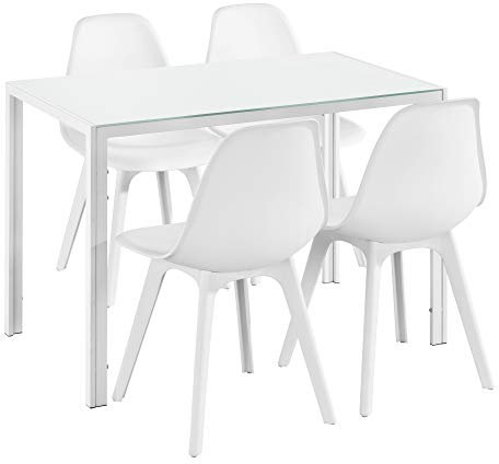 [en.casa] Ensemble de Table et 4 Chaises Table de Salle à Manger avec 4 Chaises Métal Bois Plastique Verre Blanc 105cm x 60cm x 75cm