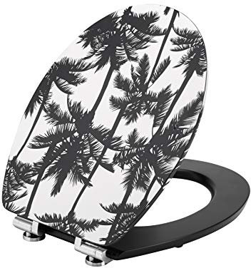 Wirquin 20722978 Abattant wc Diplomat Palmier avec frein de chute et charnières en inox, noir et blanc