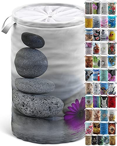 Sanilo Wäschekorb faltbar, stabiler runder Wäschesammler 60 Liter, Wäschesack mit Griffen und Abdeckung (Energy Stones)