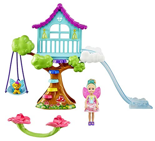 Barbie Dreamtopia Coffret Cabane dans l’Arbre Enchantée avec Mini-poupée Chelsea Fée, Figurine Chiot et Accessoires, Jouet pour Enfant, GTF49