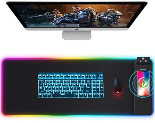 Mouse Pad with Wireless Charging, Large Desk Mat RGB Gaming Mousepad, 10 Light Colors LED Gaming Pad Keyboard Pad with Ultra-Smooth Surface & Non-Slip Rubber Base, Waterproof Full Desk Mouse Pad