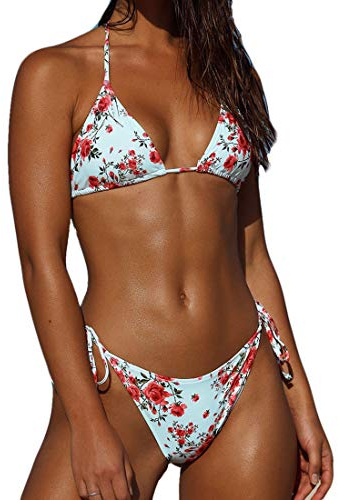 CheChury Maillots de Bain 2 Pièces pour Femme Classique Sexy Triangle Top Bikini de Plage Réglable Taille Basse String Bas de Bikini - Blanc - L