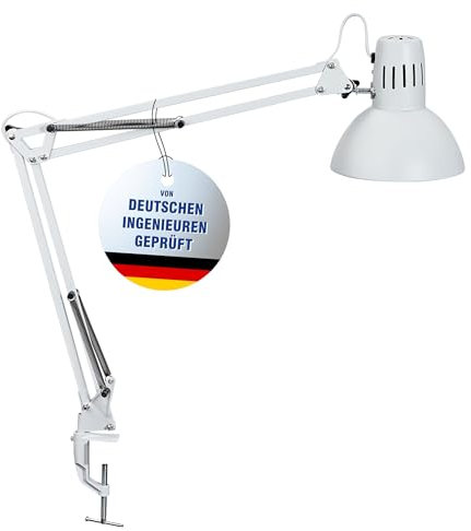 Maul LED Schreibtischlampe MAULstudy | verstellbare Klemmleuchte mit Gelenkarm für Büro, Arbeitszimmer und Schreibtisch | elegante Bürolampe aus Metall | exklusive LED-Leuchtmittel | Weiß, Klemmfuß