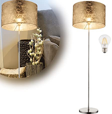 bmf-versand Stehlampe Wohnzimmer Gold Textil Lampenschirm - LED Stehleuchte Stoffschirm 40 cm Goldfarben - Standlampe Schlafzimmer Höhe 160 cm - Standleuchte inkl Leuchtmittel