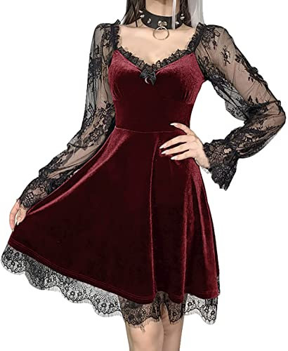 DINGJIUYAN Gothic Lace Short Dress Black Mini Dress V Neck Half Moon Corset Gothic Aesthetic Sexy Backless Party Dress