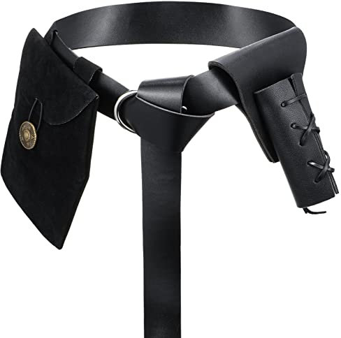 3 Stück Mittelalter Renaissance Ritter Kostüm Wikinger PU Leder Ring Gürtel Tasche Schwert Dolch Frosch Set für Cosplay, Schwarz, Schwarz, Schwarz