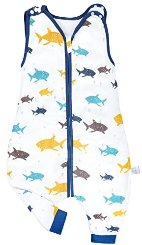 FLYISH DIRECT Sommerschlafsack Gaze Baumwolle, 0,5 Tog Tog Sommer, Schlafsack mit Fuß, Schlafsack ohne Ärmel, Sommerschlafsack 18-36 Monate, Hai