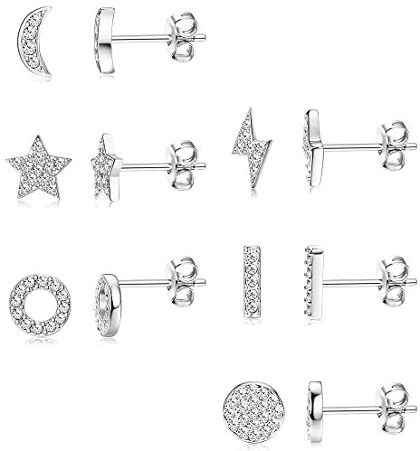 JeryWe 6 Paar Edelstahl-Ohrstecker für Frauen CZ Mond Stern Blitz Bar Runde Kreis Ohrring Ohrstecker Silber