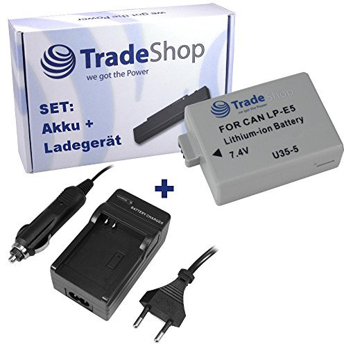 Trade-Shop 2in1 Set: Li-Ion Akku 1200mAh + Akku Ladegerät mit KFZ Adapter kompatibel mit Canon EOS 450D 500D 1000D 450-D 500-D 1000-D Digital Rebel XSi