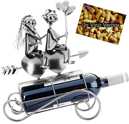 BRUBAKER Wine Bottle Holder Lovers on Heart Arrow - Metal Bottle Holder Couple with Balloons and Flower - 13.4 inches (34 cm) Decoration with Greeting Card - Wine Gift for Valentine's Day