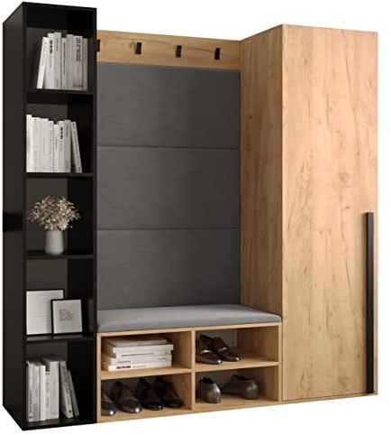 MEBLE KRYSPOL Garderobe MIRO Set 3 mit gepolsterten Paneelen Modern Design (Manila 16 (Grau), Eiche Kraft Gold + Schwarz Matt)