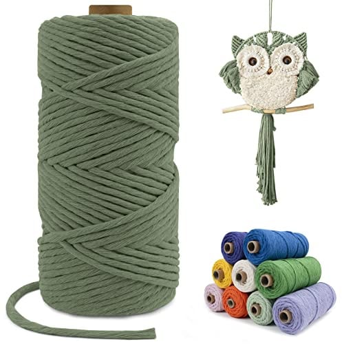 LEREATI Macrame Cord 4mm x 100m, Single Strand Thick Macrame Rope Yarn Natural Cotton Cord, Craft Macrame String for Plant Hanger, Wall Hanging, Knitting, DIY, Home Decorations (Army Green)