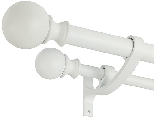 Bastone doppio per tende bianco opaco, doppio bastone per finestra 71-122 cm, asta decorativa per tende con terminali rotondi, 2,5 cm anteriore e 1,5 cm posteriore doppio bastone per tende bianco