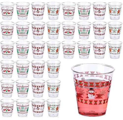 Funtery 60 Pcs Ugly Sweater Design Plastic Shot Glasses 1.7 oz Mini Christmas Shot Cups Disposable with Gingerbread Man Snowman Christmas Tree Elk Design