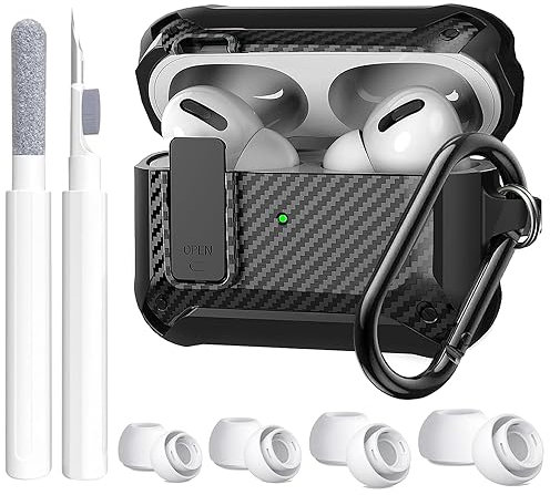 Airpod Pro 2 Case Cover with Airpods Cleaner kit & Replacement Ear Tips(XS/S/M/L), Shockproof Protective Cover for Apple Airpods Pro 2nd/1st Generation Case,Secure Lock Clip Front LED Visible (Black)