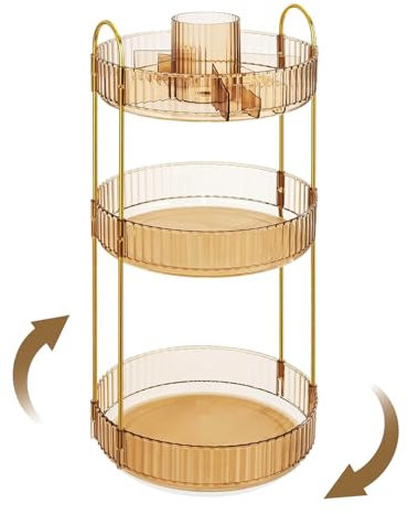 ROLIZOE 360° Drehbar Make Up Kosmetik Organizer 3 Ebenen Schminktisch Organizer Lazy Susan Makeup Skincare Organizer Kosmetik Regal Schmink Aufbewahrung Kosmetikbox für Dresser, Badezimmer, Gold