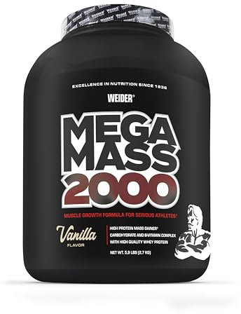 WEIDER Mega Mass 2000 Weight Gainer für Muskelaufbau, Leckerer Mass Gainer Shake mit hochwertigem Whey Protein, Kohlenhydraten & Vitaminen, Muskelaufbau Pulver perfekt zum Zunehmen, Vanille, 2,7kg