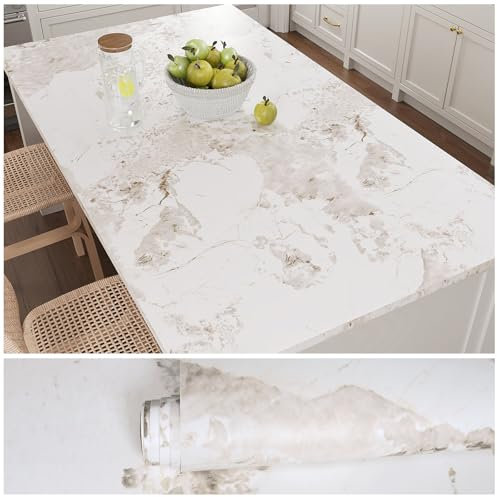 VEELIKE Papier Peint Marbre Blanc Beige Papier Adhesif Marbre Gris Mat Papier Autocollant Marbre Epais Papier Vinyl Adhesif Cuisine Lavable Salle de Bain Papier Peint Adhesif Mural Salon 40cm×300cm