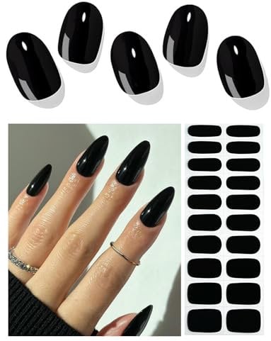 AutyaMee Semi Cured Gel Nail Strips (Black), 20 Pcs Gel Nail Wraps, Stickers, UV Light Required, Salon Quality, Long Lasting