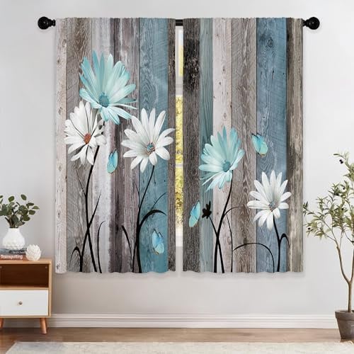 Laifzere Cortinas de margaritas campestres, verde azulado, flores, mariposas, madera, decoración de dormitorio, salón, rústicas, ornamentos de ventana, dobladillo para barra, 2 paneles (74 x 160 cm)