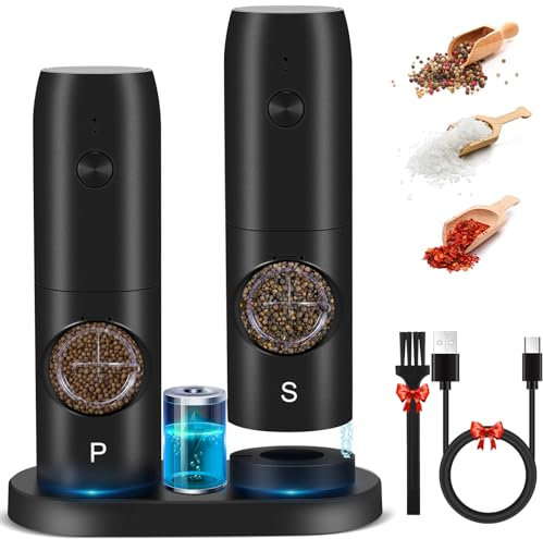 Lycasia Electric Salt and Pepper Grinder Set,USB Rechargeable Salt and Pepper Grinder Set with Base,5 Levels Coarseness Adjustable Pepper Grinder with LED Light,Automatic Grinder for Kitchen