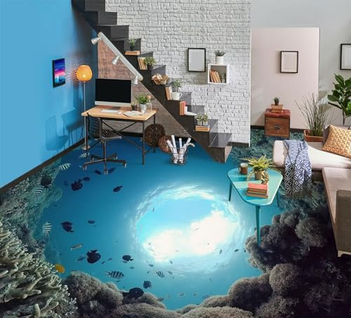 Benutzerdefinierte Selbstklebende Boden Wandtapete 3D Blaues Meer Bodenfliesen Aufkleber Wohnzimmer Studie Pvc Wasserdicht Tragen 3D Bodenbelag Tapete,300 * 210cm