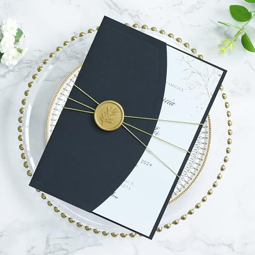 ponatia Hochzeitseinladungskarten, Umschlagkarten, Umschläge, goldene Wachssiegel, Bänder, Hochzeiten, Babypartys, Geburtstage, XV Años, Quinceañera-Einladungen, 12,7 x 17,8 cm, 20-teilig, Schwarz