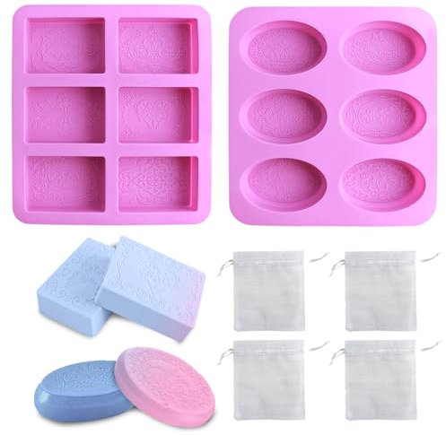 Homemade Soap Mould Set, Purple Silicone Soap Moulds, 6 Cavity Silicone Leaves Soap Handmade Mould, DIY Handmade Cube Soap Trays with 4 Yarn Bags, Oval Leaf Soap Mould for Soap Cakes Biscuits Making