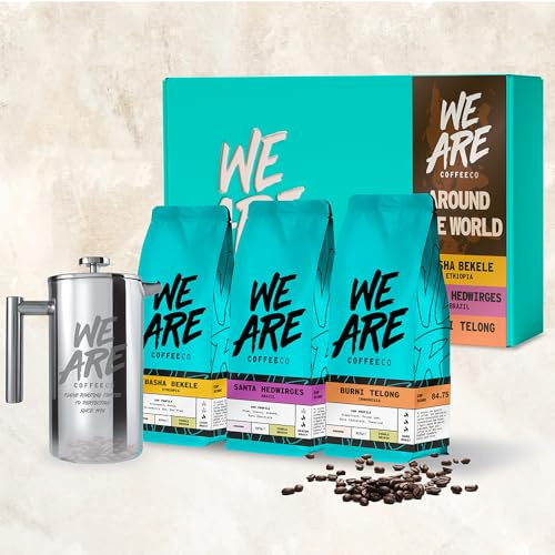 Coffee Ground Gift Set Including Cafetiere 3 x 227g Around the World Ground Coffee, 100% Arabica Light Medium & Dark Roast Speciality Coffee (We Are Coffee Co)