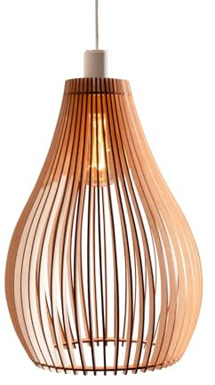 Nordestic Pendelleuchte Holz „Loki“, skandinavische Hängelampe Esstisch + Wohnzimmer, Boho Hängeleuchte höhenverstellbar + dimmbar mit E27 Fassung (Höhe x Durchmesser 50 cm x 37 cm)
