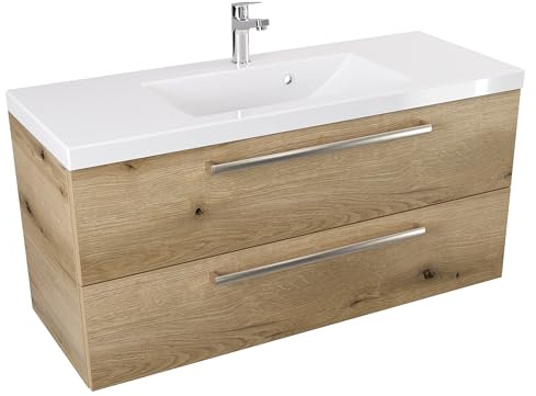 Furni Hängeschrank mit Waschbecken ATHD 100 cm - Eiche Evoke Coast Matt - Gebürstete Stahlgriffe