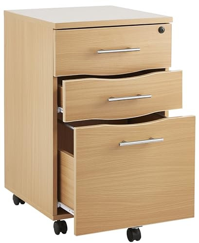 Filing Cabinet 3 Drawer Under Desk Drawers - Beech Wood File Cabinets with Lockable Drawers - 3 Drawer Filing Cabinet - Mobile Office Drawers Under Desk - Secure Storage Solution