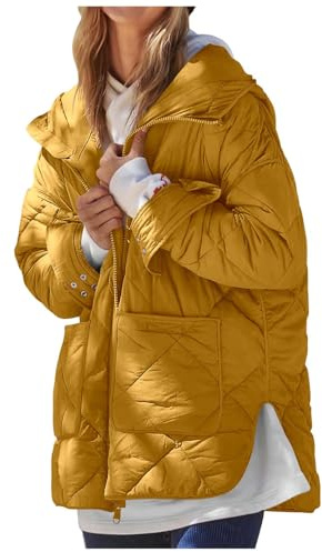 NSICBMNO Yellow Quilted Jacket Womens Long Coat Zip Up Hoodie Lightweight Puffer Jackets Winter Coat Ladies Padded Jackets Hooded Down Jacket Oversized Hoodie Outdoor Windbreaker With Pockets