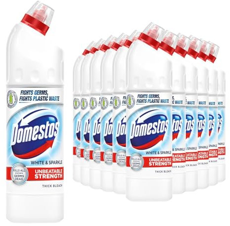 Domestos Thick Bleach White and Sparkle Multi-Purpose Disinfectant Anti-Bacterial Surface Cleaner Gel Limescale Remover for Toilet, Bathroom and Kitchen, 750ml (Buy 12)