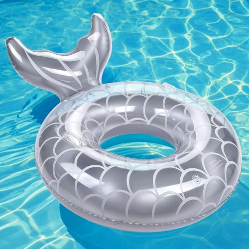 MoKo Aufblasbarer Schwimmring mit Griffen, Meerjungfrau Schwimmreifen Wasserspielring Großes Luftmatratze Pool Spielzeug Wasserspielzeug für Sandstrand Schwimmbad Draußen Erwachsene, Silbrig