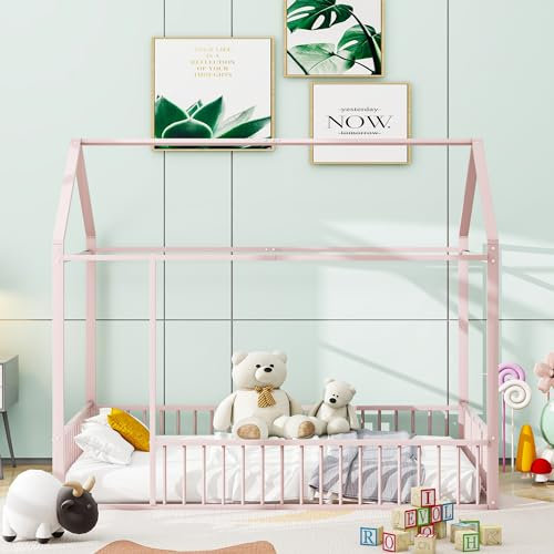 Idemon Kinderbett 140 X 200 Metallbett Hausbettrahmen mit Zaun für Kinder, Teenager, Mädchen, Jungen (Pink)