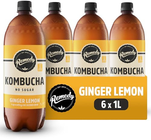Remedy Kombucha Tea - Ginger Lemon - Sparkling Live Cultured, Naturally Sugar Free Soft Drink - Probiotic for Gut Health - 6 x 1L Case (Bottles)