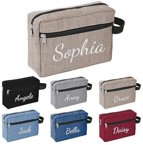 Personalisierte Kulturbeutel Herren mit Gestickt Namen, Reise Kulturtasche Herren Reisezubehör Waschtasche zum Aufhängen, Kosmetiktasche Herren Toiletttasche Männer Klein Waschbeutel (Khaki)