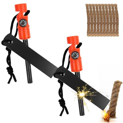 2Pcs Survival Fire Steel, Premium Ferro Rod Flint Fire Starter Kit Multi Tool Magnesium Ferrocium Rod Firesteel with 10Pcs Fire Starter Hemp Rope for Hunting Camping Hiking Outdoor(Orange)